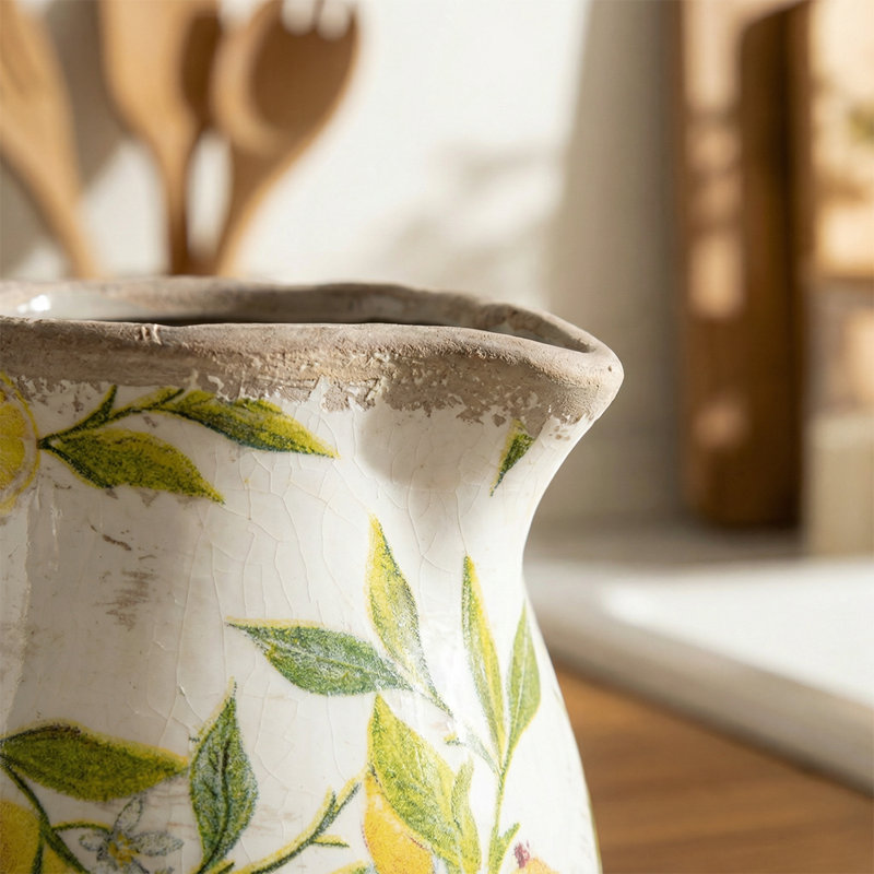 Vase à fleurs rétro en céramique avec poignée, pichet à motif de citron vieilli pour la décoration intérieure