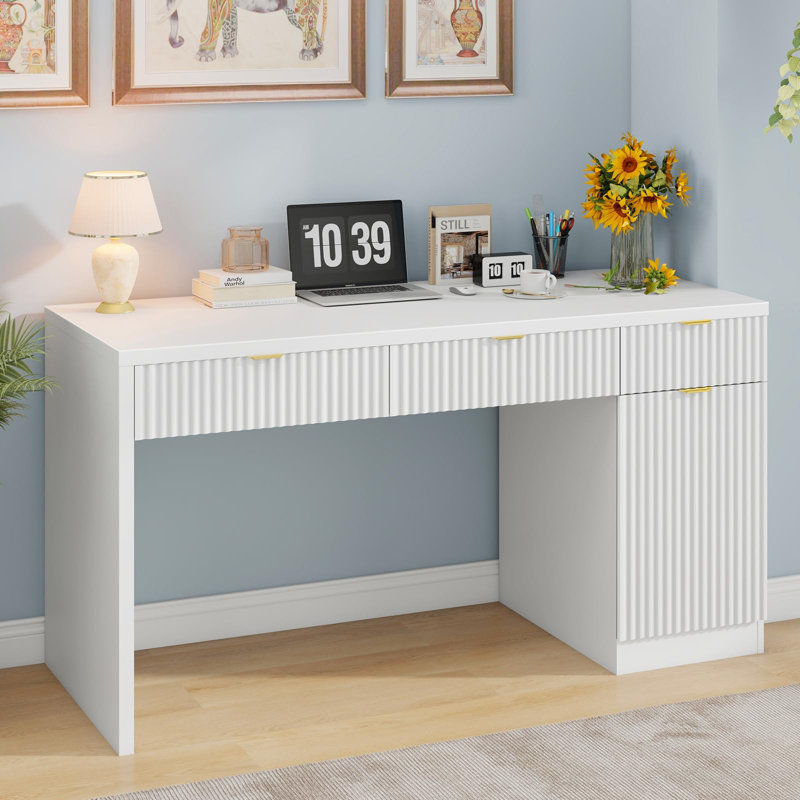 60" Executive Desk With Fluted Drawers, Wood Home Office Desk With Storage Cabinet, White