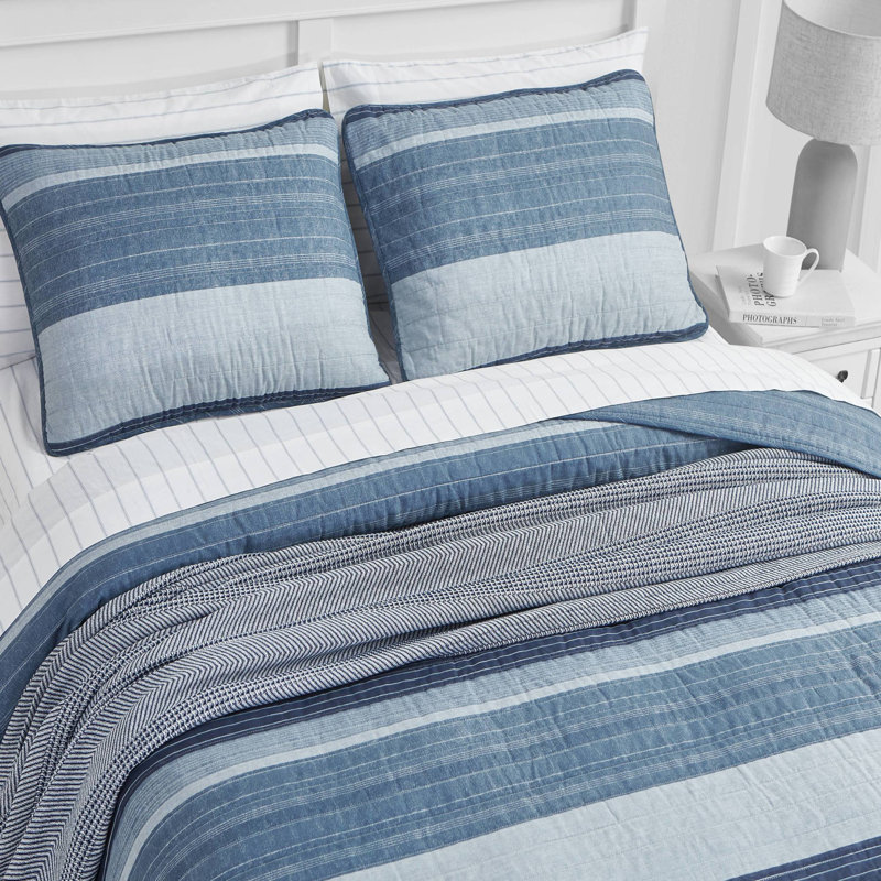 Nautica Ridgeport Cotton Reversible Quilt Set, King Quilt + 2 King Shams, Medium Blue Striped