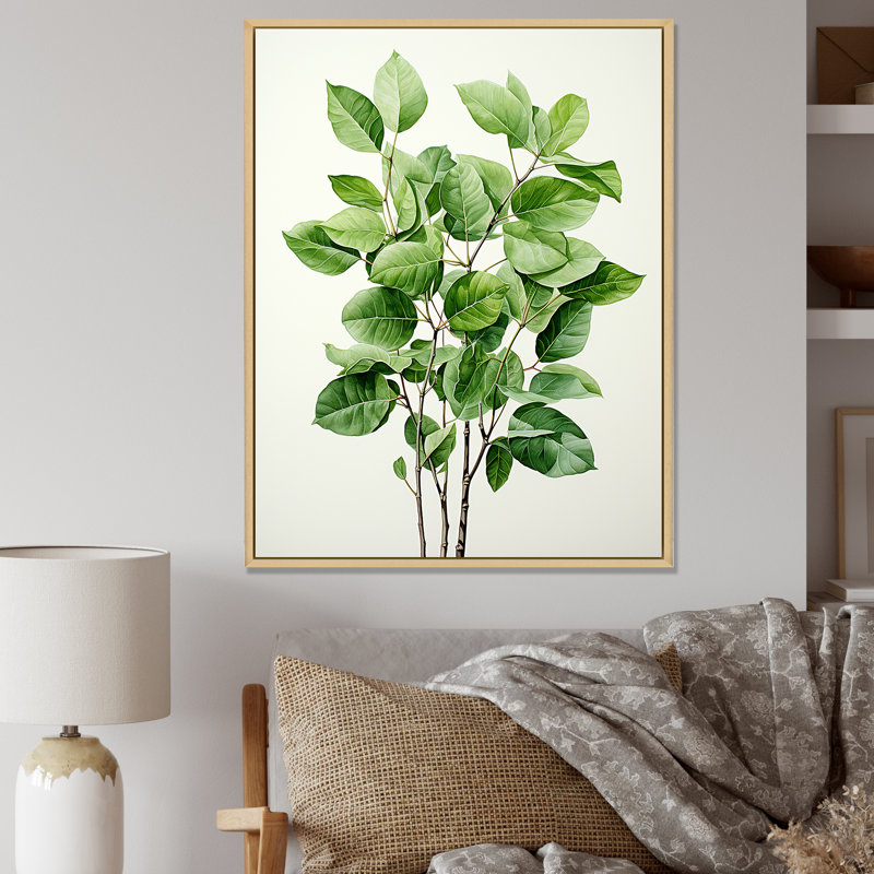 Botanical Canvas Wall Art, Green Leaf Nature Print - Green Elegance Leaves, Natural Floater Framed, 32" H x 24" W x 1" D