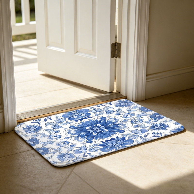 Tapis bleu et blanc en porcelaine 24 po x 36 po pour porte d'entrée