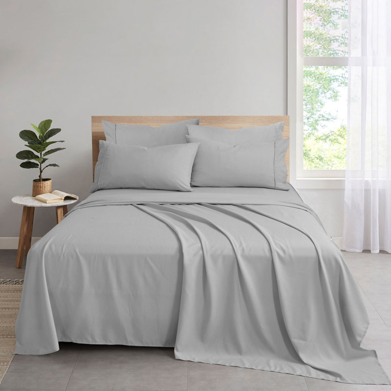 Ensemble de draps en bambou et rayonne avec taies d'oreiller, Gris clair, Ensemble de draps pour très grand lit + 5 pièces