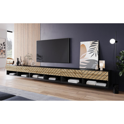 Lowboard Tv Cabinet "anne", With Mdf Doors, With Led Lighting, Matte Black With 3d Herringbone Pattern