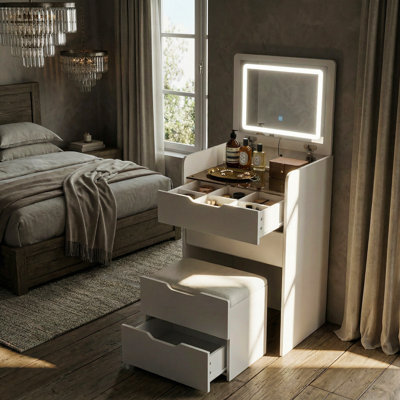 3 In 1 Vanity Desk With Flip Top Mirror And Comfortable Bench