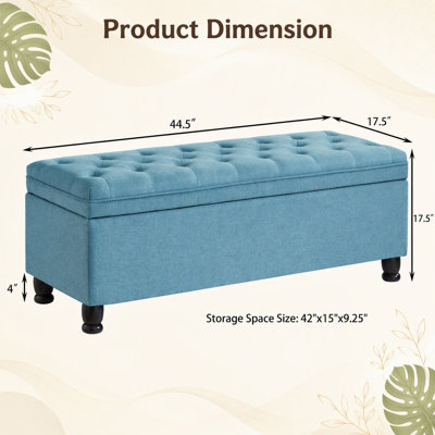 Banc de rangement capitonné capitonné, banc d'entrée en tissu de lin avec pieds en bois fuselés, banc de lit - bleu clair