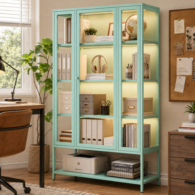 Vitrine en verre moderne à trois côtés avec éclairage DEL et tablettes réglables en acier et porte en verre trempé pour le bureau à domicile ou le bureau