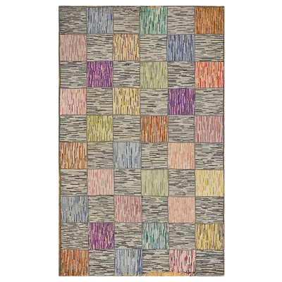 Artistic Geometric Tile Pattern Antique Folk Art American Hooked Rug