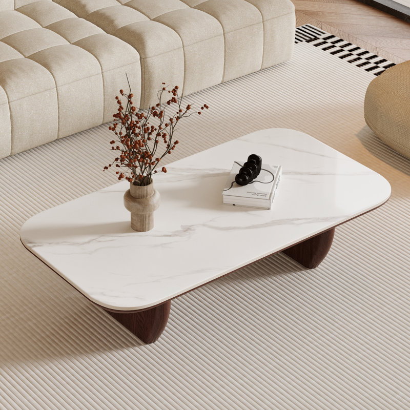 51.2" Rectangular Wood Coffee Table with Faux Marble Stone Top, Double-Layer Tabletop Design, Sturdy, White/Brown