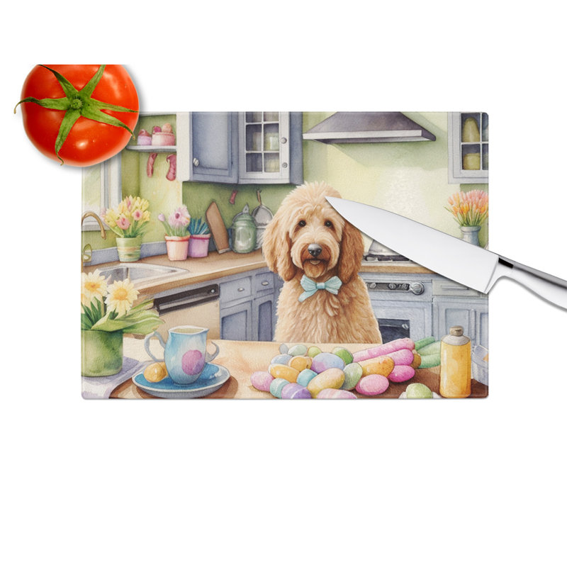 Decorating Easter Goldendoodle Glass Cutting Board
