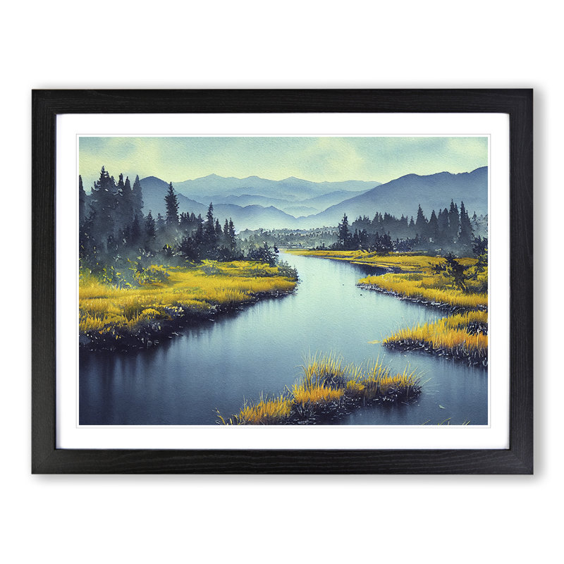XH1022-7488X River To The Mountains - Single Picture Frame Painting, 25cm H x 34cm W x 2cm D, Black 