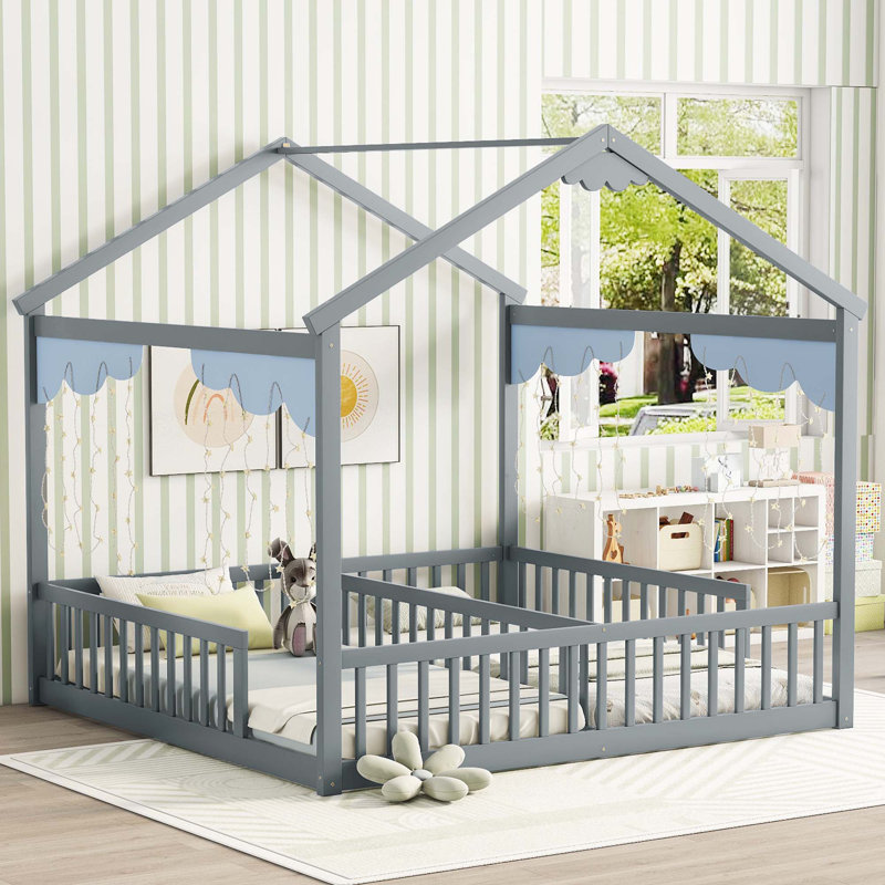 Lit simple double de style maison de campagne avec clôture, garde-corps, sans porte, Gris