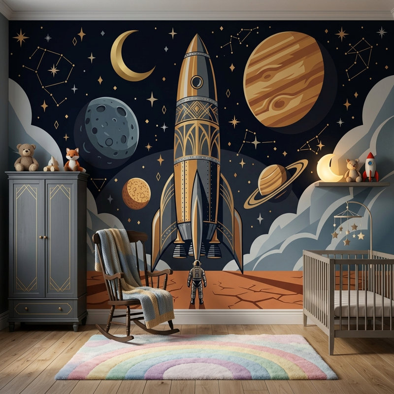 Papier peint fusée astronaute amovible, 140 po x 108 po, Non tissé