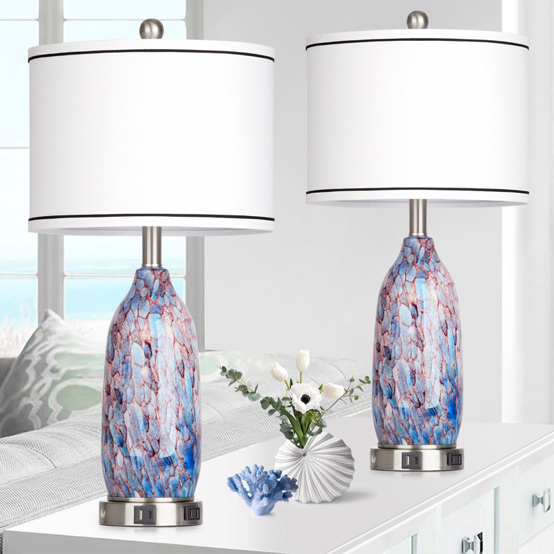 26'' Multicolor Glass Table Lamp Set with USB Ports and Silver Base
