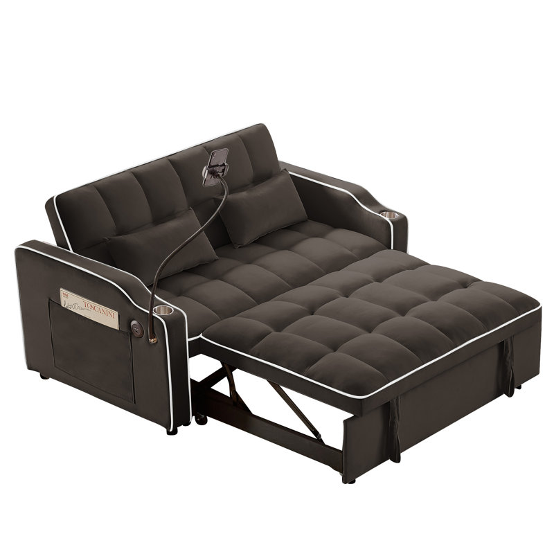 Fauteuil inclinable polyvalent à double siège pliable, canapé-lit confortable en velours avec poches latérales, port USB, support pour téléphone pivotant, cendrier et dossier réglable