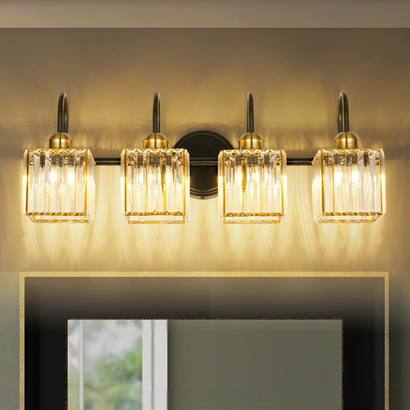 3-Light Dimmable Rectangular Bathroom Crystal Vanity Light, 9.45" H x 25.98" W x 7.48" D, 4 Lights