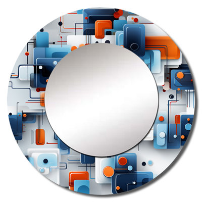 Riordain Blue Metropolis Matrix Pattern - Geometric  Mirror, Modern Round Unique Wall Mirror, Printed Metal Art