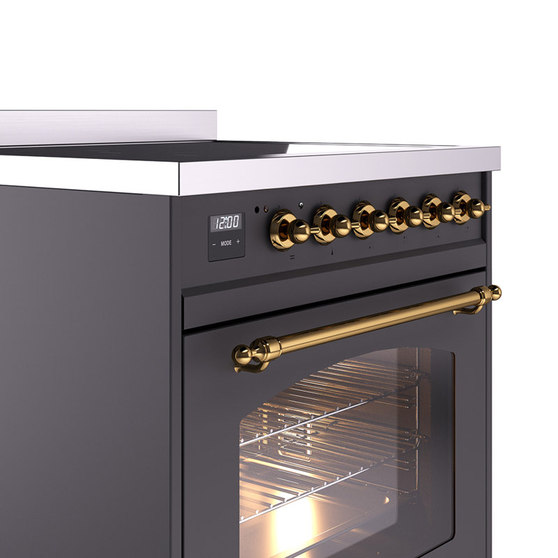ILVE Nostalgie II Series 30 inch Induction Range with 4 Induction Elements (Glass Door), Graphite Matte/Brass