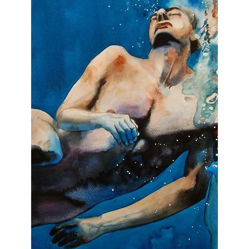 Homme flottant | Aquarelle sur papier févriano | Par Debrata Basu