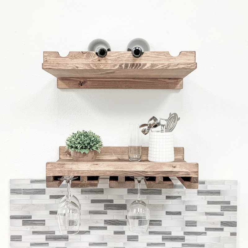 Support à vin à et à verres à fixation murale en bois massif Blende, Noyer, H 4,25 po x l 30 po x P 10 po
