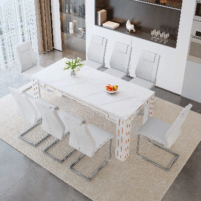71" Faux Marble Finish Dining Table Set For 6/8, Modern Rectangular Kitchen & Dining Room Set With PU Leather Chairs