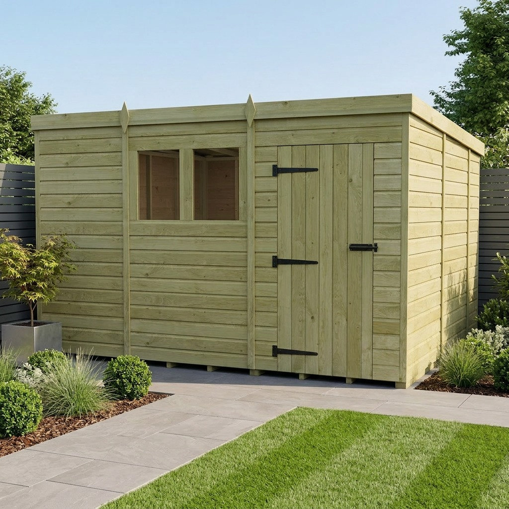 Total Sheds 11ft x 10ft Pent Garden Shed - Single Door - With Windows - Pressure Treated Timber - UK Manufactured