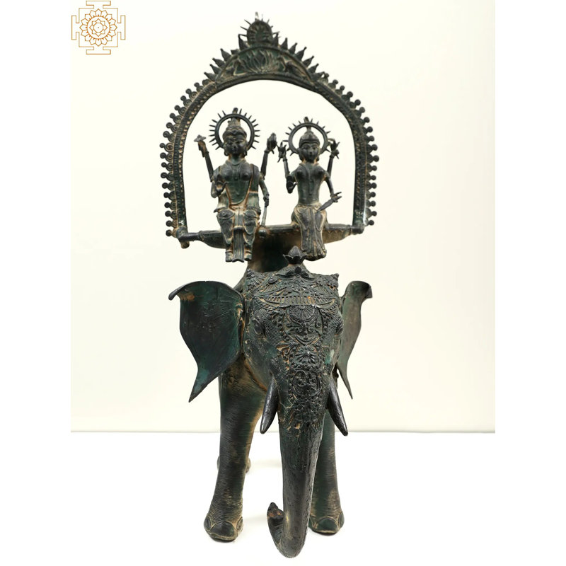 22" Brass Vishnu Lakshmi Seated on Elephant Wall Hanging – Handmade Dhokra Tribal Art for Home Temple and Living Room Decor