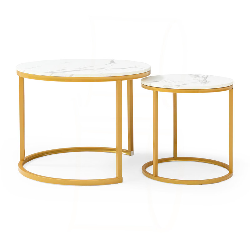 Set 2 Coffee Table Nesting White And Gray Top Frame Circular Round And Marble Pattern Wooden Tables
