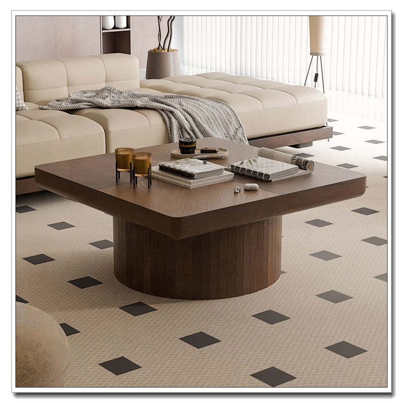 34.6'' Square Coffee Table For Living Room, Modern Wood Veneer Top With Parquet Pattern & Cylindrical Base, Thickened Tabletop, Easy Assembly