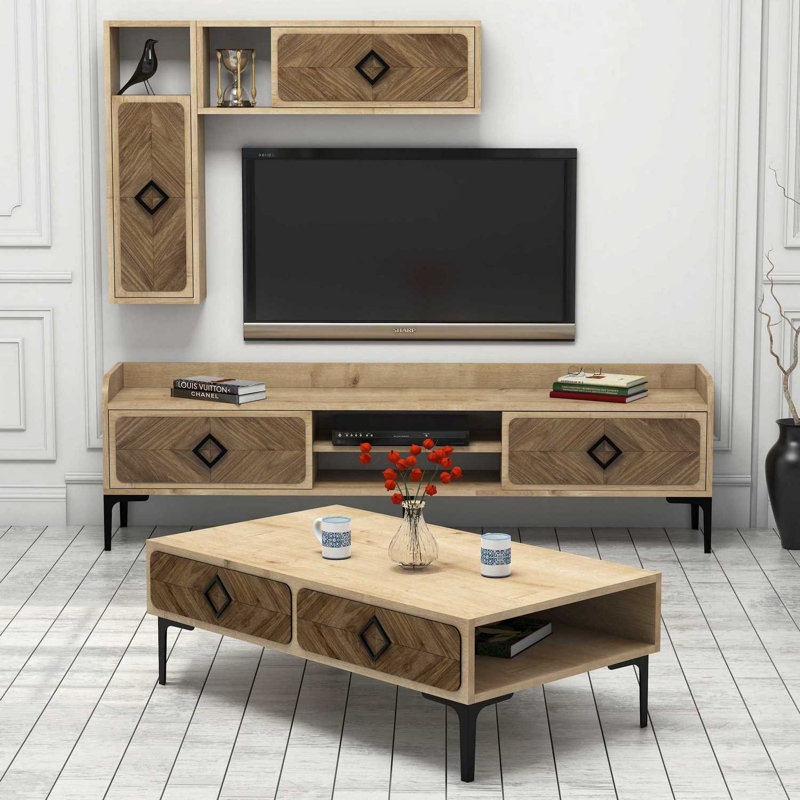 Ensemble de meubles de salon moderne, finition chêne, comprend un meuble télé (70,9 x 20,5 x 13,8 po), 2 tablettes murales (10,8 x 33,1 x 7,9 po), une table basse (41,3 x 13,6 x 23,6 po) | Panneau de particules enduit 100% mélamine, design élégant et fonctionnel