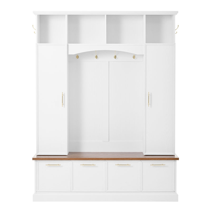 4-IN-1 Elegant 59" Wide Hall Tree With Golden Hooks & Handles, White/Brown