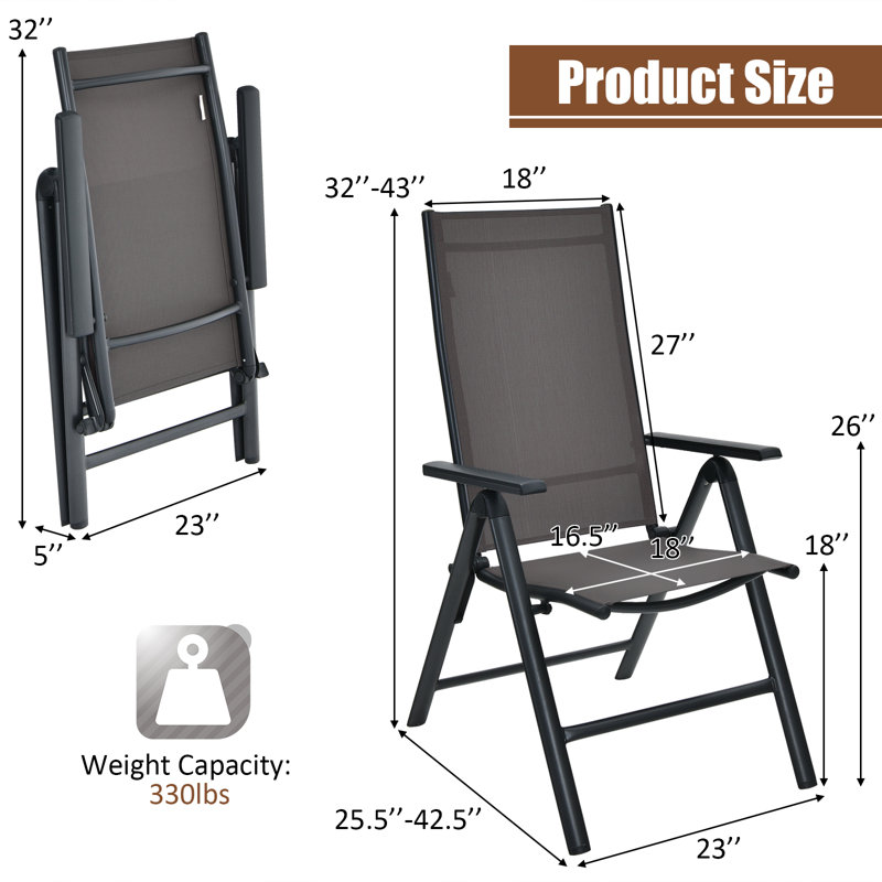 Paquet de 4 chaises de salle à manger pliables réglables à dossier inclinable Patiojoy pour l'extérieur et l'intérieur gris