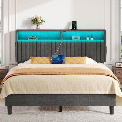 Bed Frame with Headboard, Modern Upholstered Design, Built-In Charging Station & LED Lighting, No Box Spring Needed