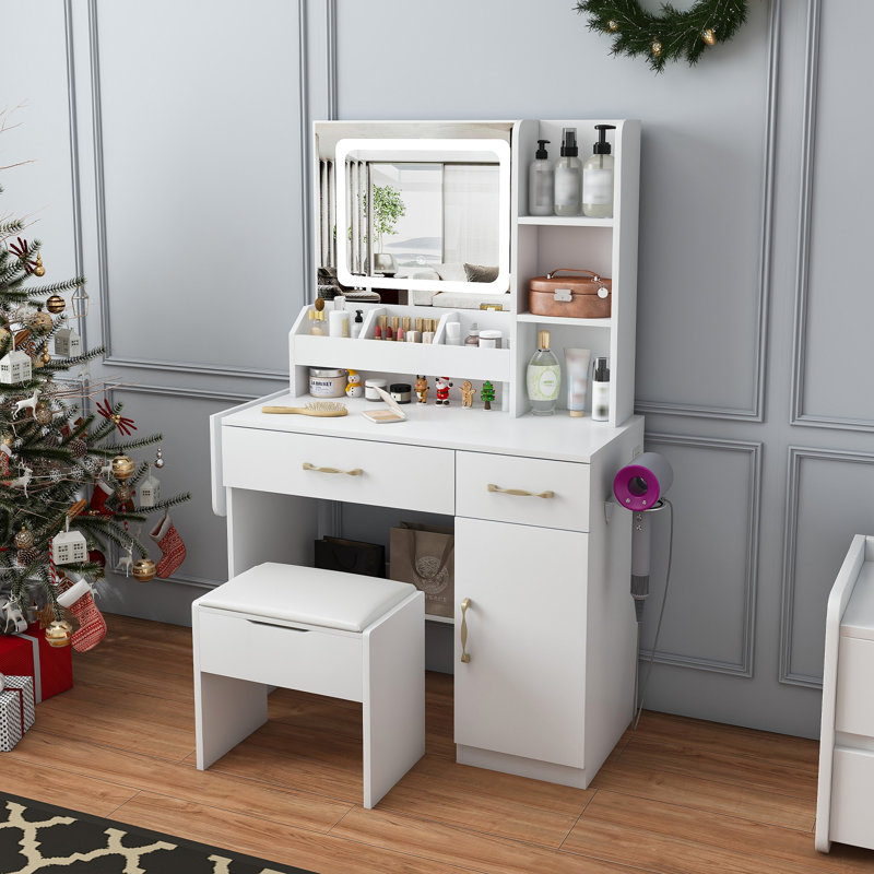 Vanity Desk with LED Mirror Lights and Power Outlet Charging Station, Makeup Dressing Table with Drawers, Shelves and Storage Stool