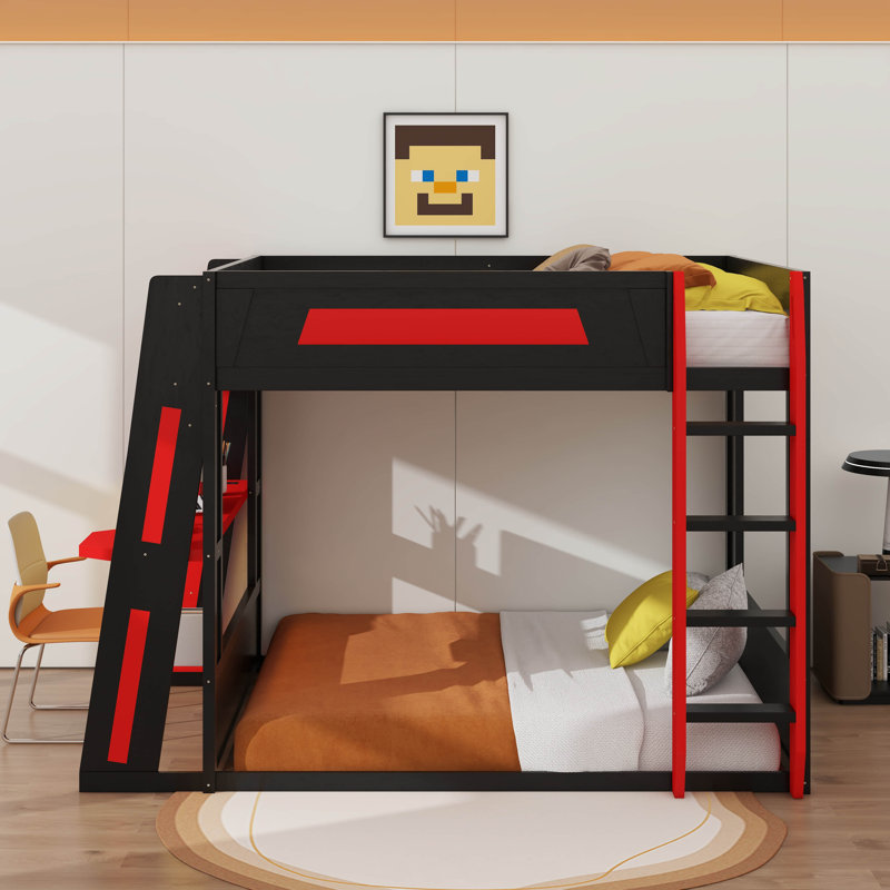 Queen Size Wooden Gaming Bunk Bed With Desk,USB And LED Light, Queen, Black/Red
