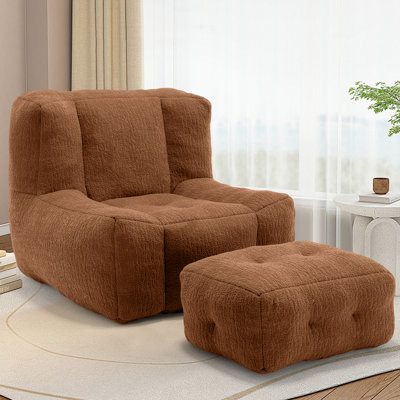 Chenille Standard Bean Bag Set Upholstered Compressed Bean Bag Chair With One Removable Ottoman by Trule
