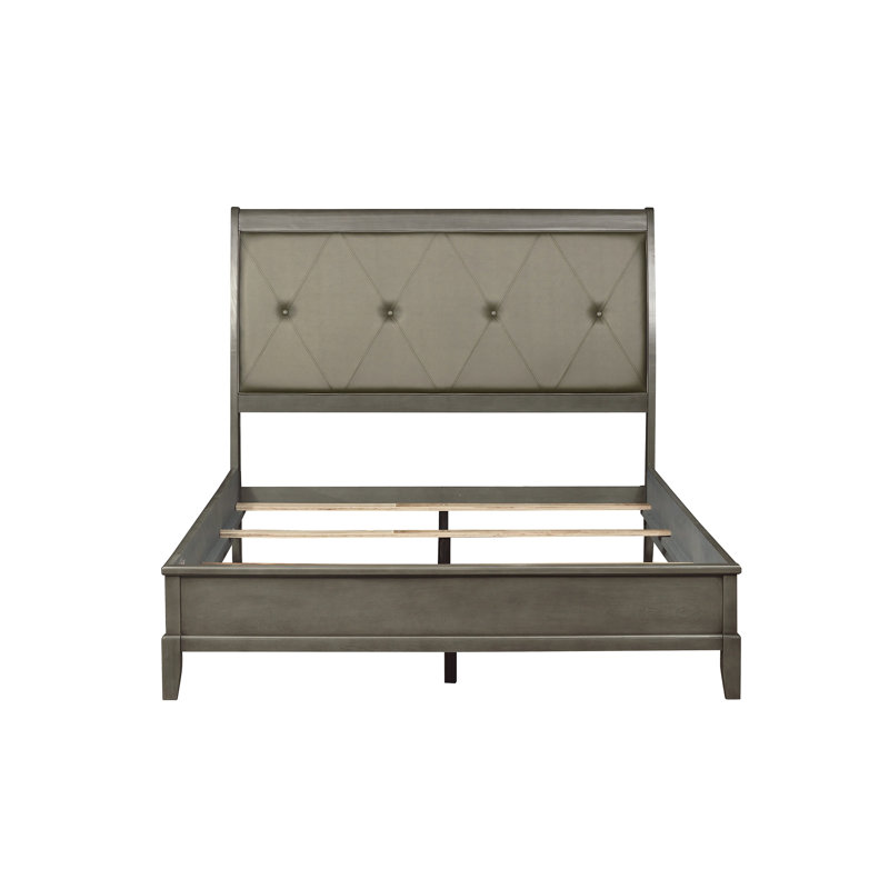 Lit double avec bouton rembourré en similicuir gris de style transitionnel - tête de lit, rails et pour la chambre à coucher