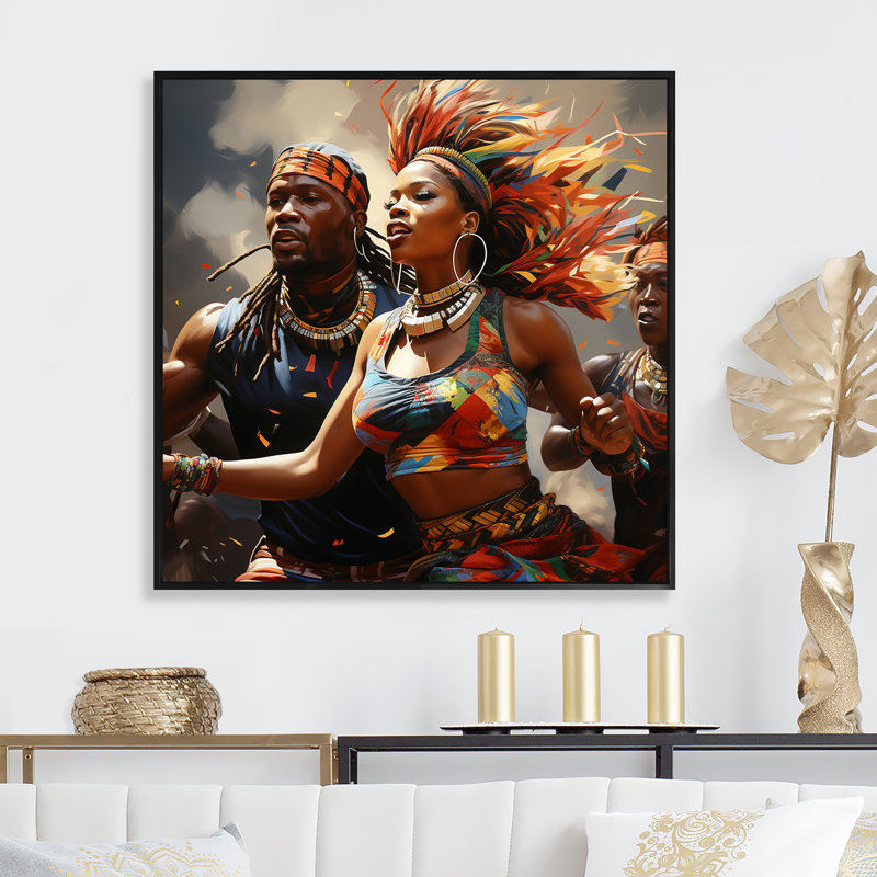 «Red African Rhythmic Moves I - Dance», art mural, Cadre flottant noir, H 16 po x l 16 po x P 1 po