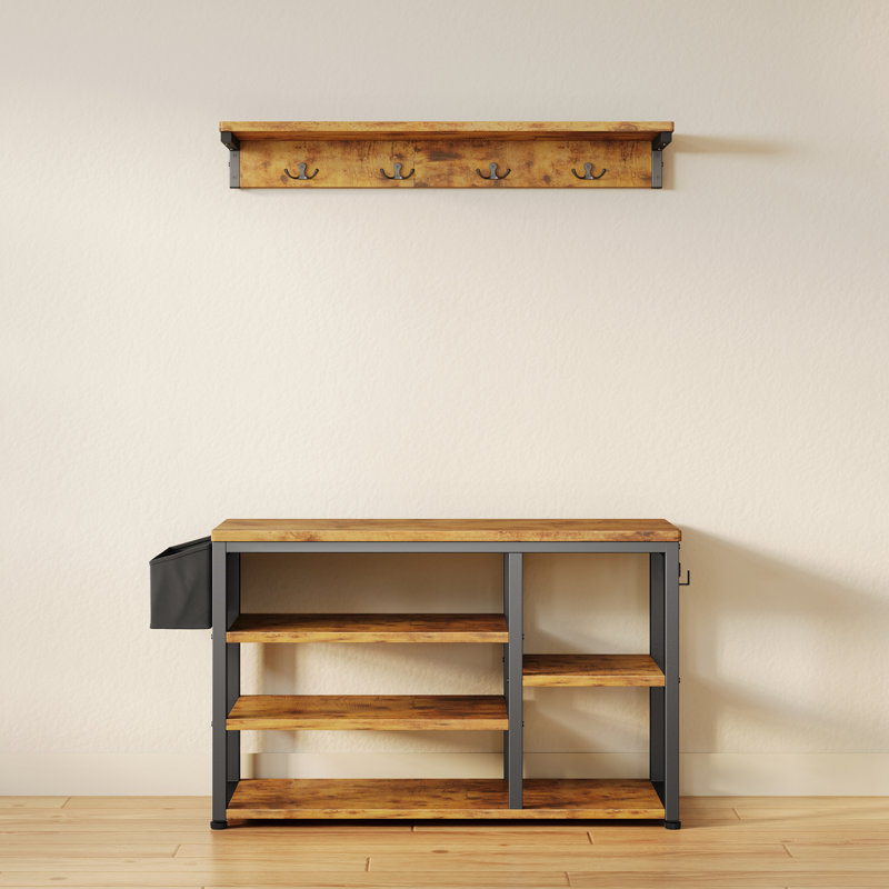 Hall Tree 39.4'' Wide with Bench，Shoe Storage and 4 Coat Racks, Brown