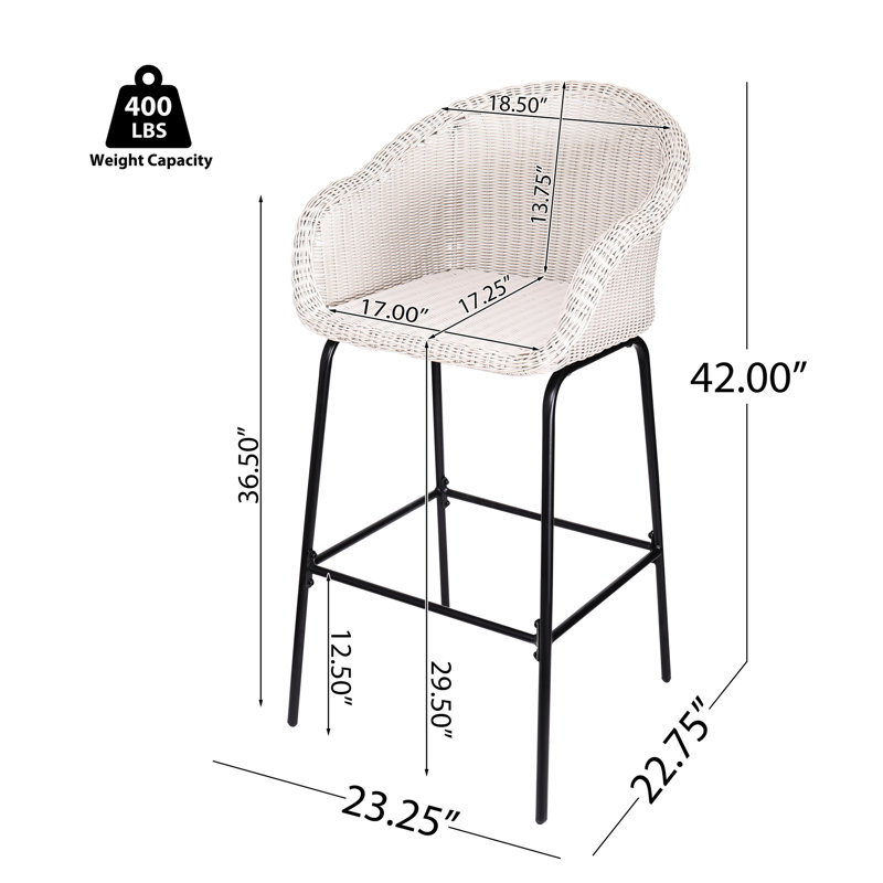 Métal d'extérieur, 2 faux tabourets gris, conception tout-en-un avec structure transparente, motif de panier tissé, siège de 29,50 po pour tables de bar, structure en fer noir durable, repose-pieds de 12,50 po