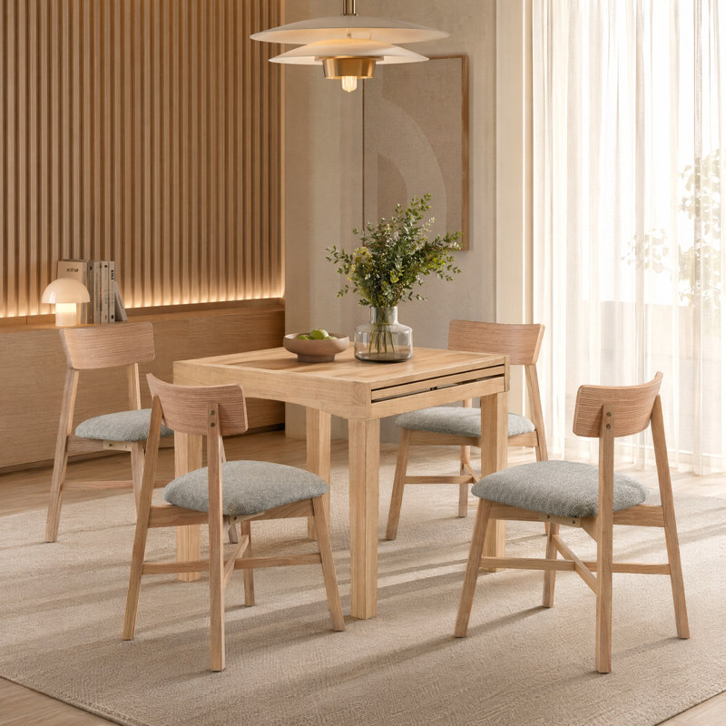 Extendable Solid Wood Dining Set, Tan, 4