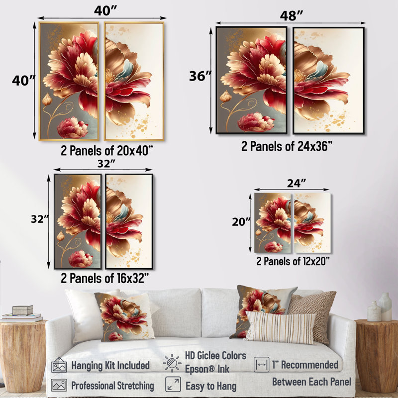 «Bold Red Floral Design I», art mural floral, H 36 po x l 48 po, Reproduction encadrée sans passe-partout, Argent argent