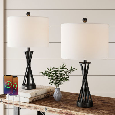  Lampe de table 24 po en métal noir moderne avec ports USB Type-C et abat-jour en lin
