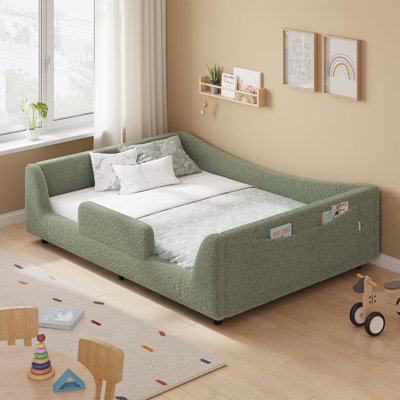 Floor Bed, Low Montessori 2-In-1 Convertible Beds, With Slats And High Rails, Upholstered Teddy Boucle, Curve Round Frame, No Box Spring Needed, Easy Assemble