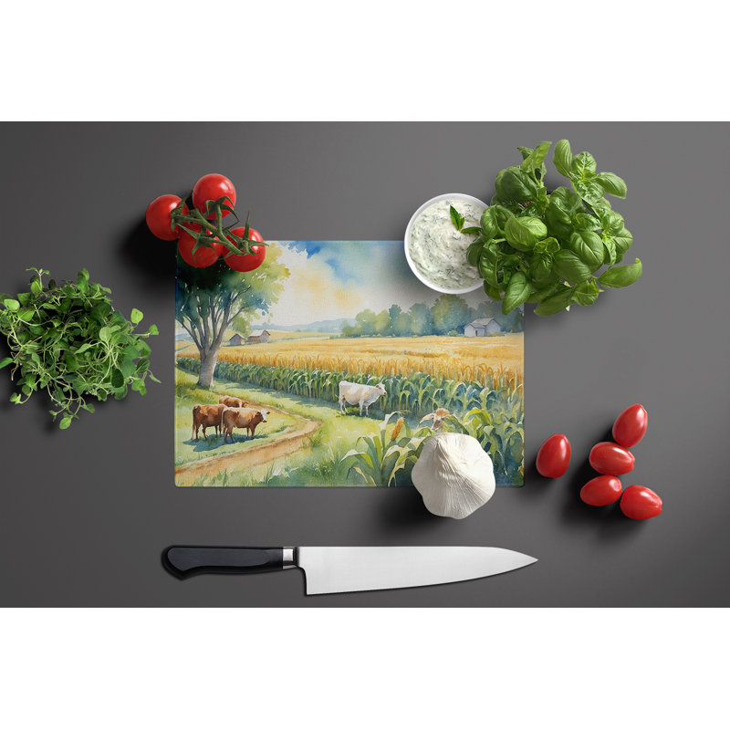 Cows by the Cornfield Glass Cutting Board