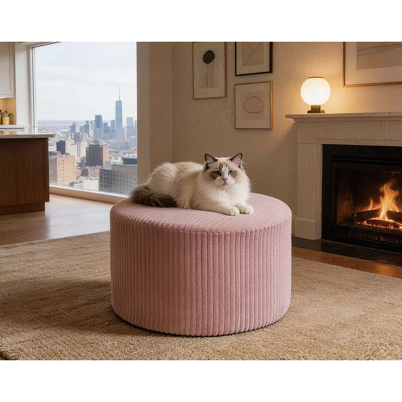 Corduroy Upholstery Full Compressed Ottoman, Pink