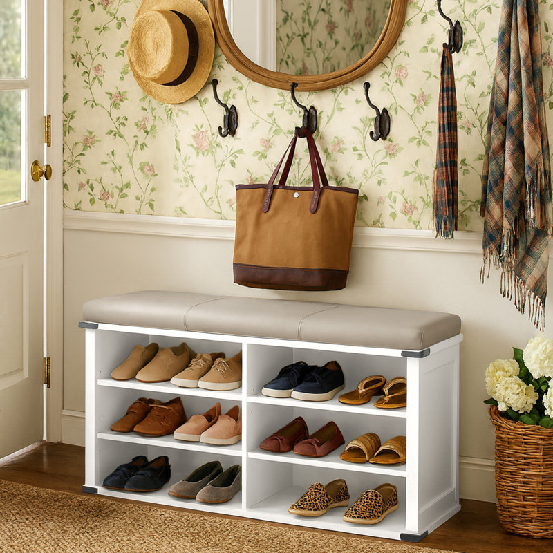 12 Pair Shoe Storage Bench With Cushion, White