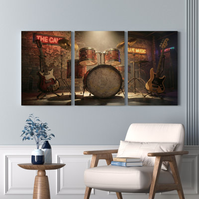 Ensemble de 3 tableaux sur toile représentant des instruments de musique et des enseignes lumineuses, idéal pour décorer un salon, une chambre ou un studio de musique.