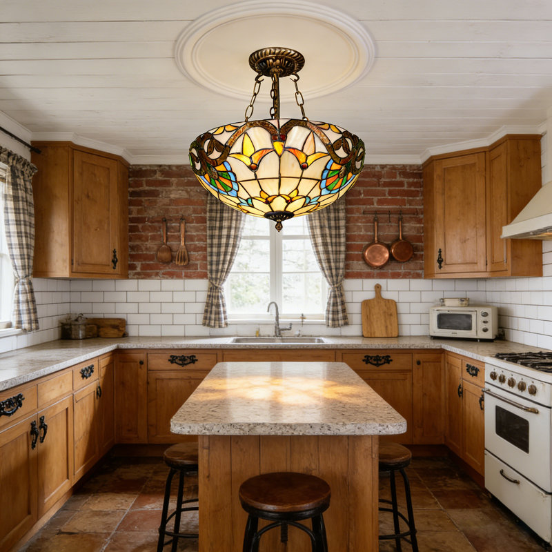 3-light Tiffany Glass Semi Flush Mount With Bulbs Included