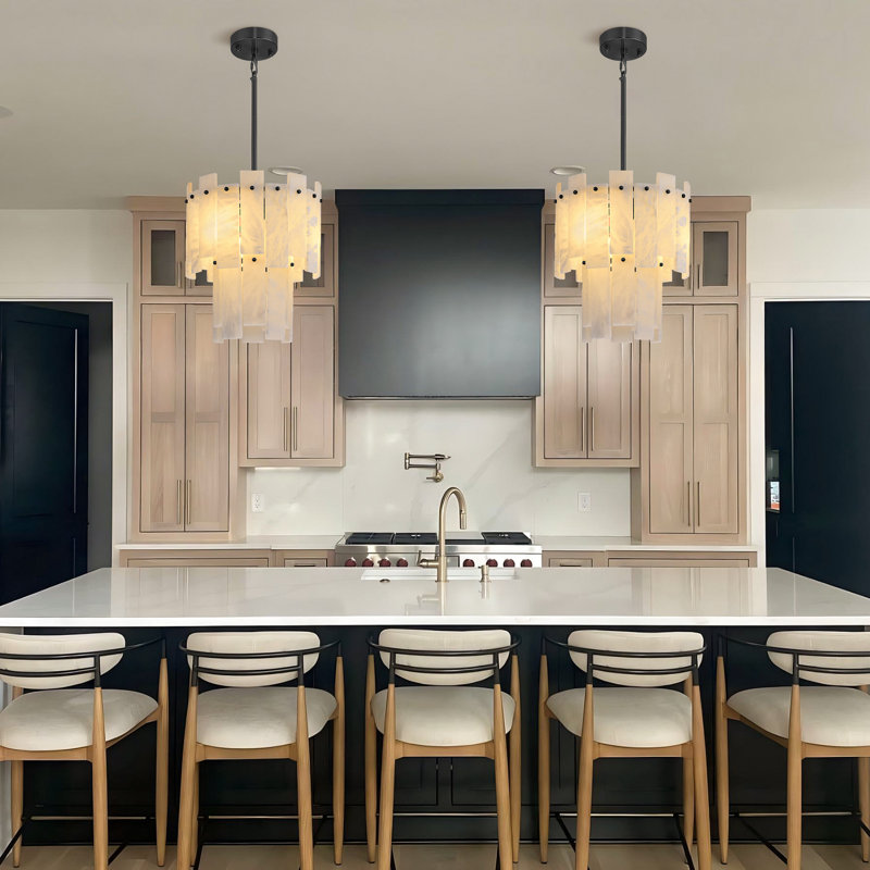 3 - Light 13" Modern 2-Tier Alabaster Pendant Light For Kitchen Island, Matte Black