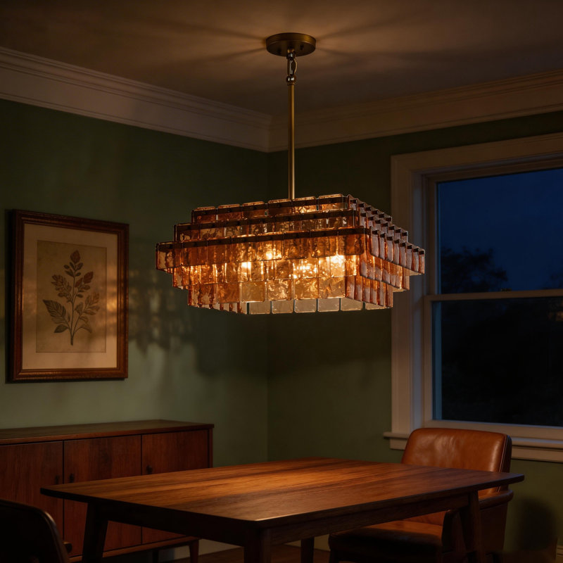 Lustre rectangulaire 4 lumières en verre ambré